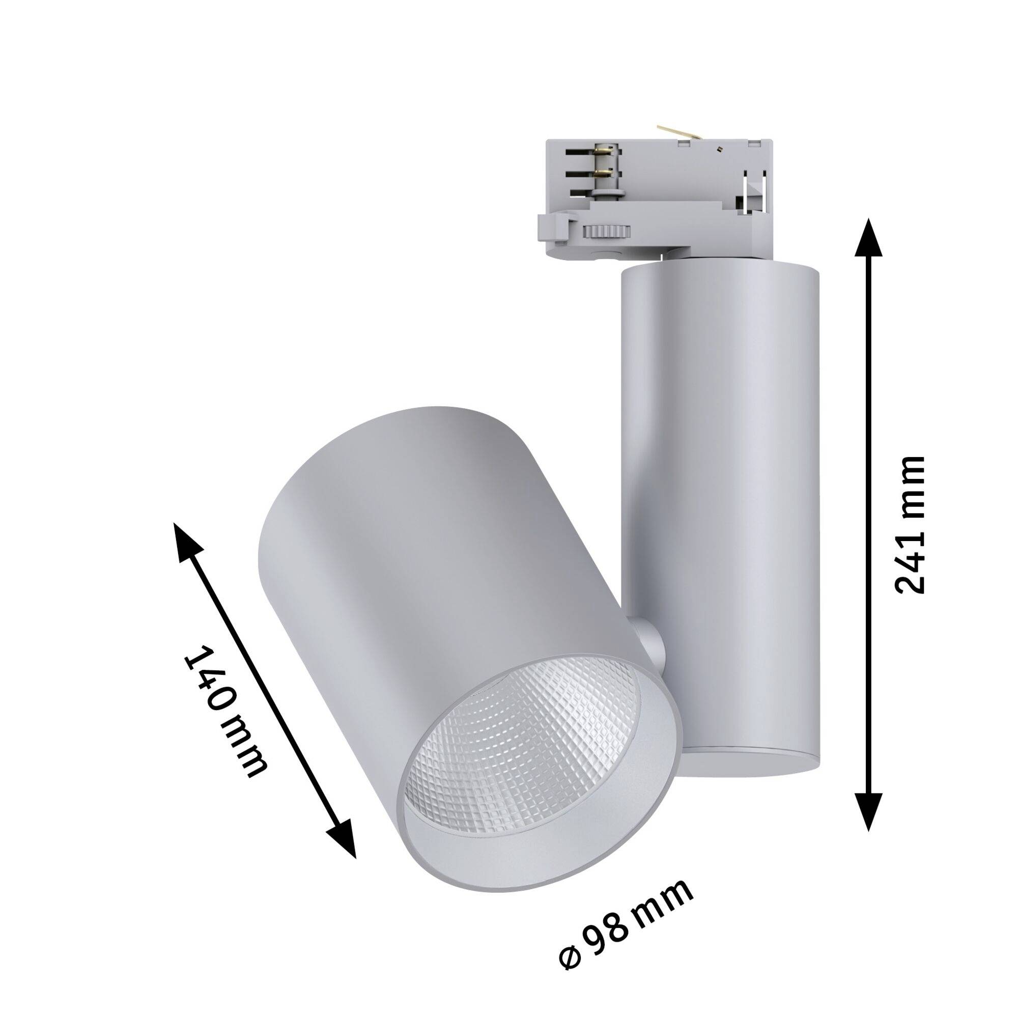 Sølvfarvet cylindrisk LED-projektør med dimensioner på 241 mm i højde, 140 mm i længde og 98 mm i diameter.