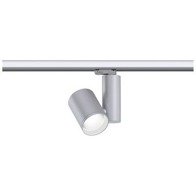 En sølvfarvet loftsspot med cylindrisk design, monteret på en skinne.