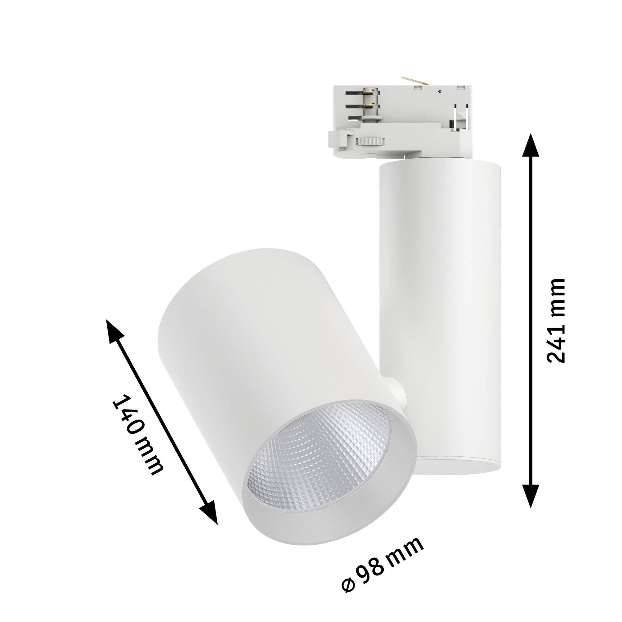 To danske, cylinderformede LED-lamper i hvid farve med en højde på henholdsvis 140 mm og 241 mm samt en diameter på 98 mm.