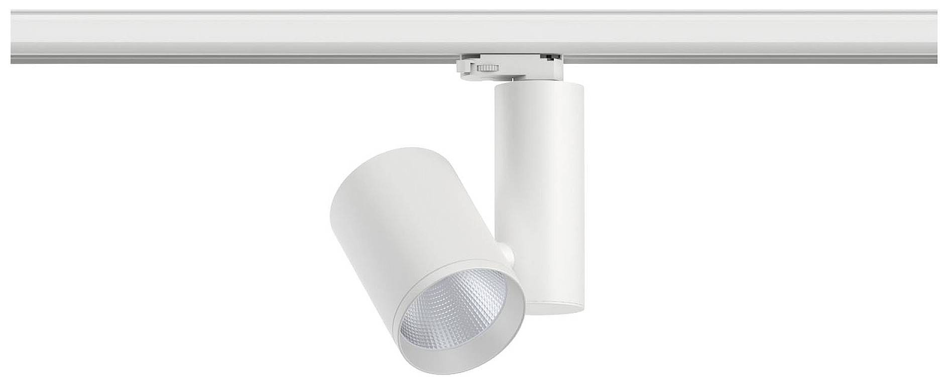 En hvid LED-projektør er monteret på en metalstang. Projektøren er rettet nedad og bruges til belysning.