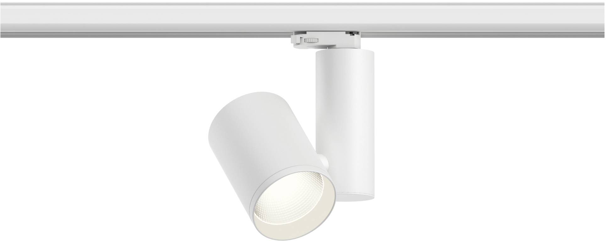 En hvid, cylindrisk LED-spotlampe monteret på en skinne, vinklet nedad, egnet til retningsbestemt belysning.