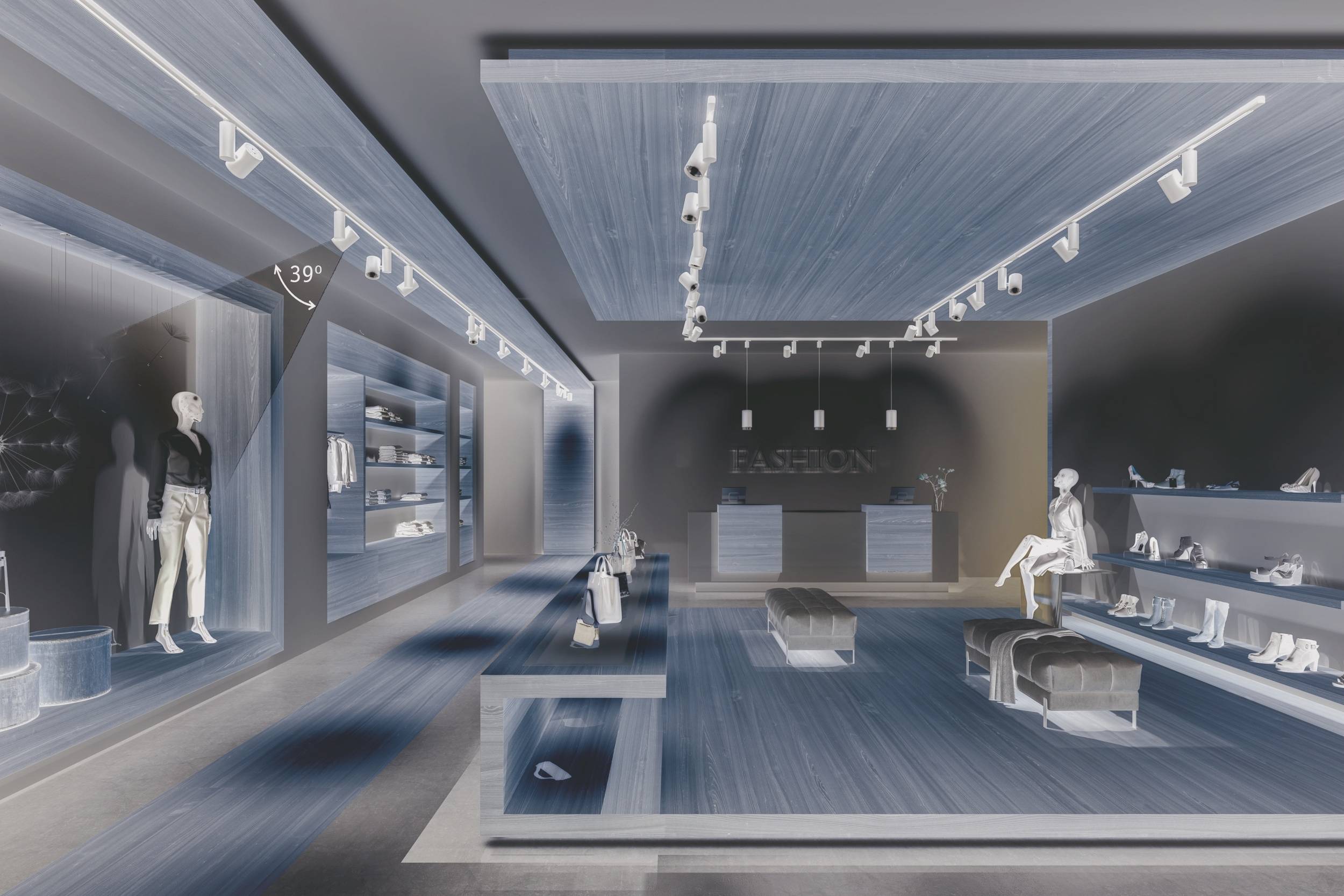 En moderne tøjbutik med stilfuld præsentation af tøj og sko, fremhævet af elegant belysning og minimalistisk indretning.