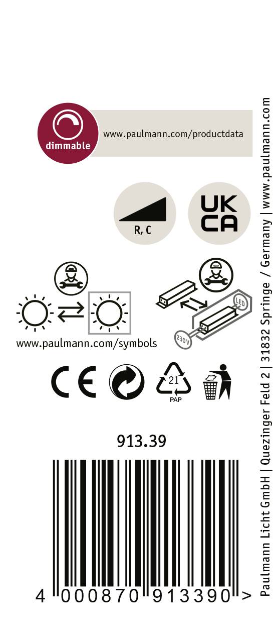 Etiket for dæmpbar LED-pære med stregkode, produktnummer '913.39', symboler for installation og certificeringer UKCA, RoHS.