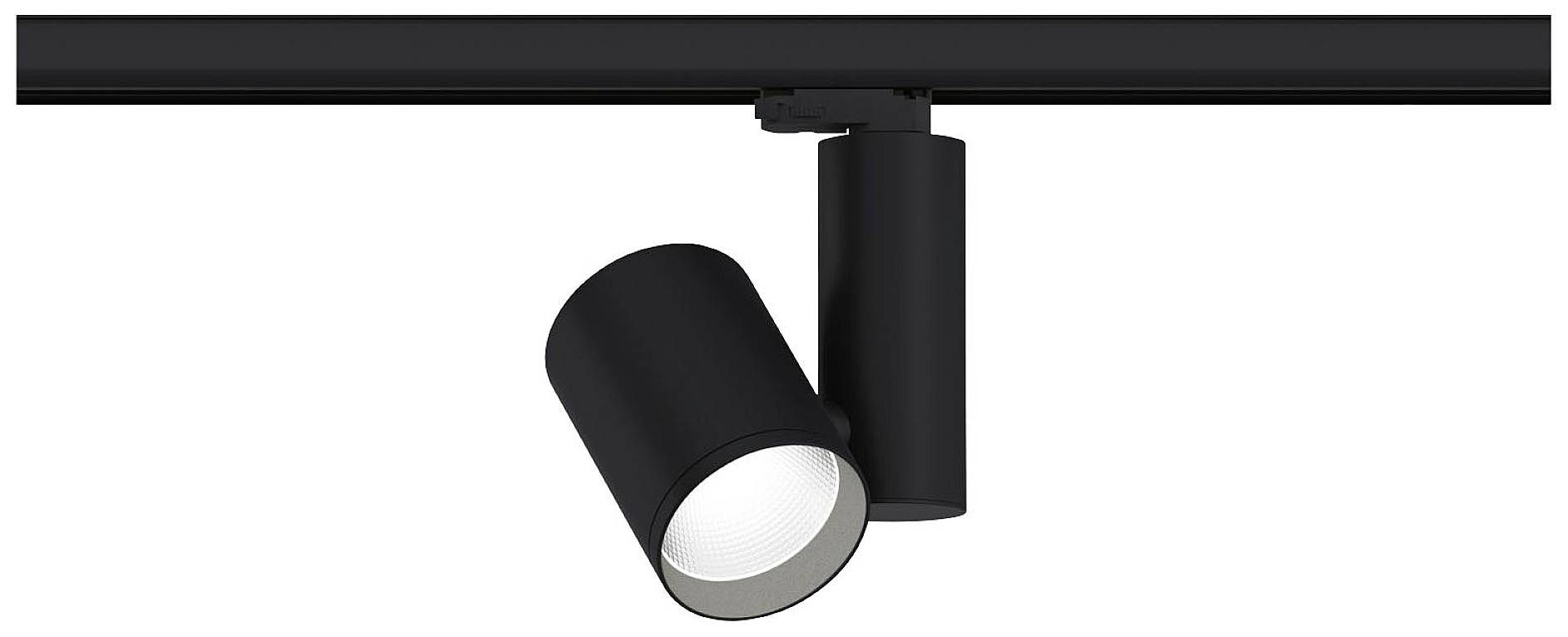 Sort loftsspot med cylindrisk design, monteret på en skinne, der lyser nedad.