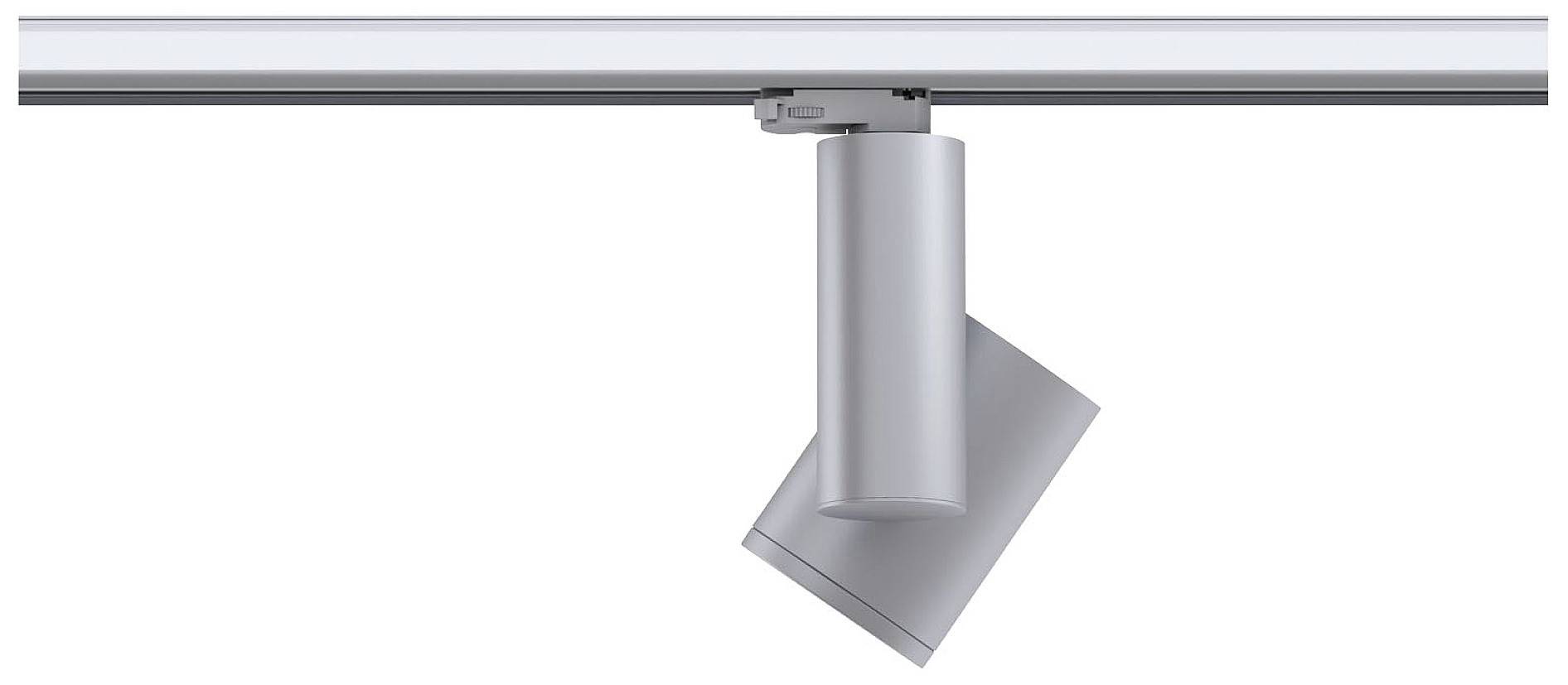 Sølv LED-skinnelampe, cylinderformet, monteret på en metalskinner, vinklet nedad.