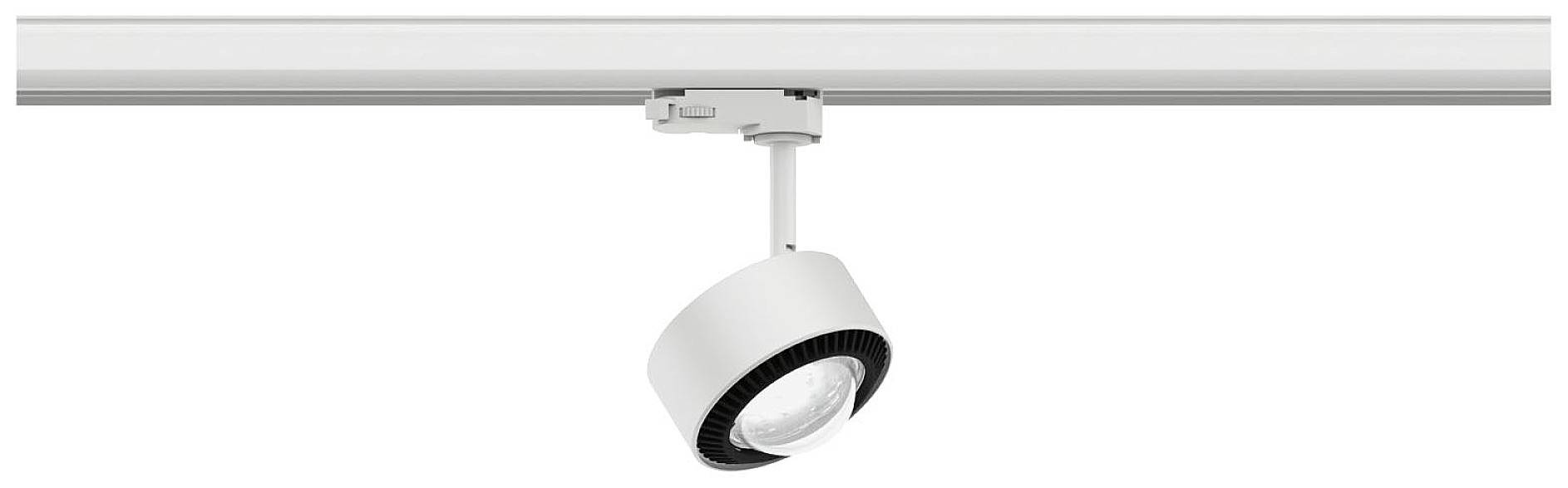 En rund, justerbar loftslampe monteret på en skinne. Den er hvid med en sort indvendig kant. Ideel til akcentbelysning.