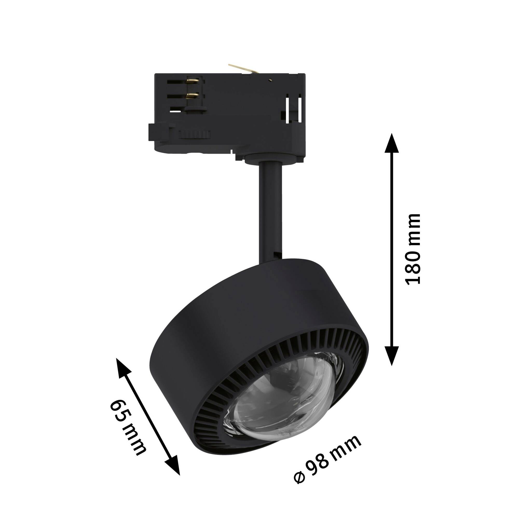 Sort LED-projektør med følgende mål: Længde 65 mm, diameter 98 mm, højde 180 mm, egnet til montering på strømskinnessystemer.
