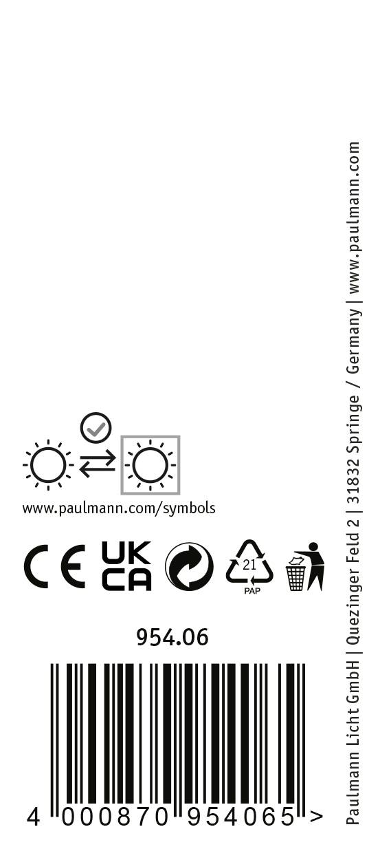 Etiket med teksten 'Paulmann Licht GmbH, 954.06', CE-mærkning, UKCA-symbol, genbrugssymbol og stregkode.