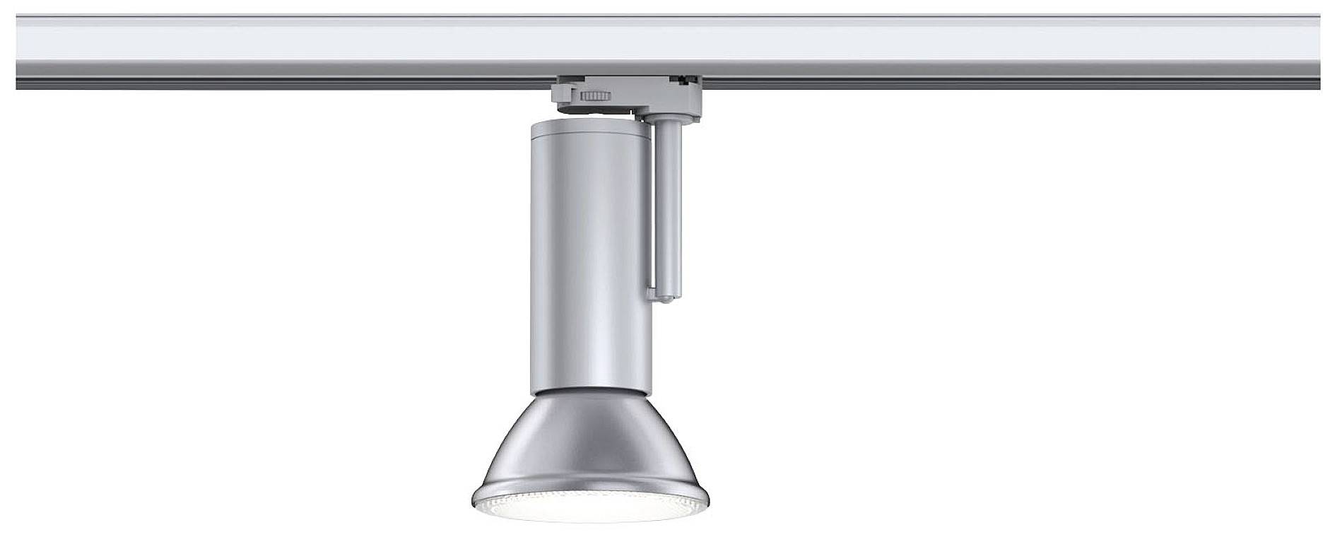 Sølvfarvet loftlampe monteret på en skinne. Den har en cylindrisk krop med et konisk lysende hoved.