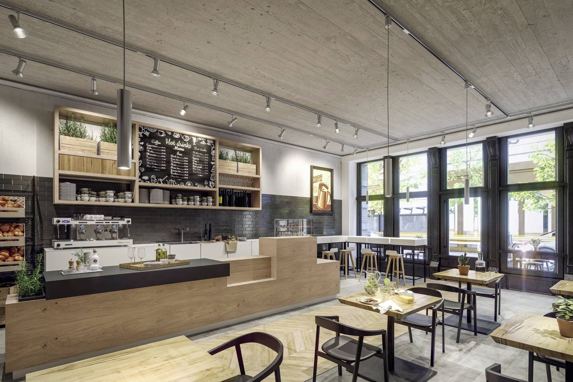 Et moderne café med trætborde, stole og en disk. I baggrunden en tavle med menu. Store vinduer lukker dagslyset ind.