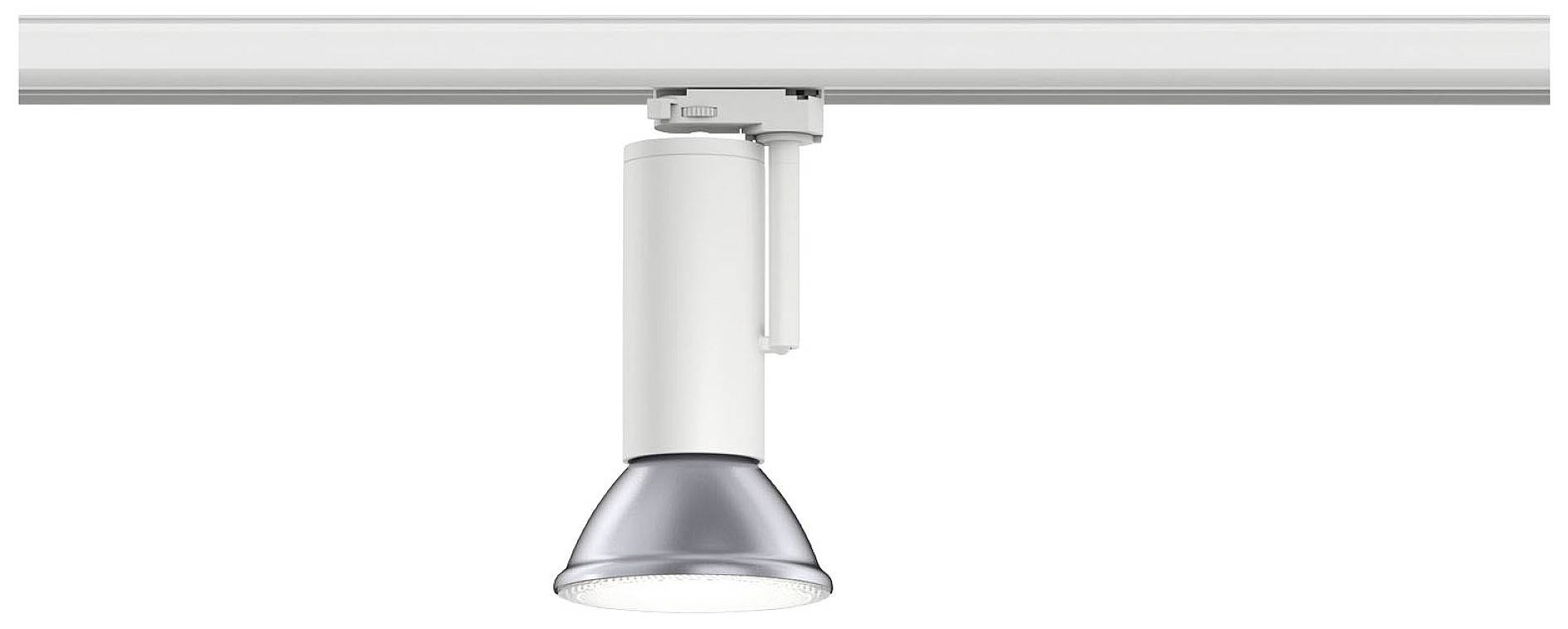 Loftspots i moderne design, hvidt kabinet, monteret på skinne. Energibesparende belysningsløsning til indendørs rum.