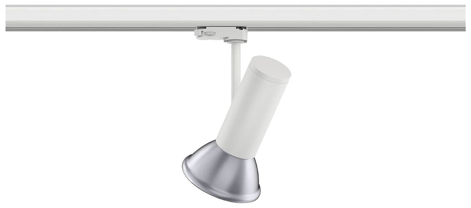 En drejelig loftslampe i et hvidt kabinet, monteret på en strømskinner. Velegnet til retningsbestemt belysning indendørs.