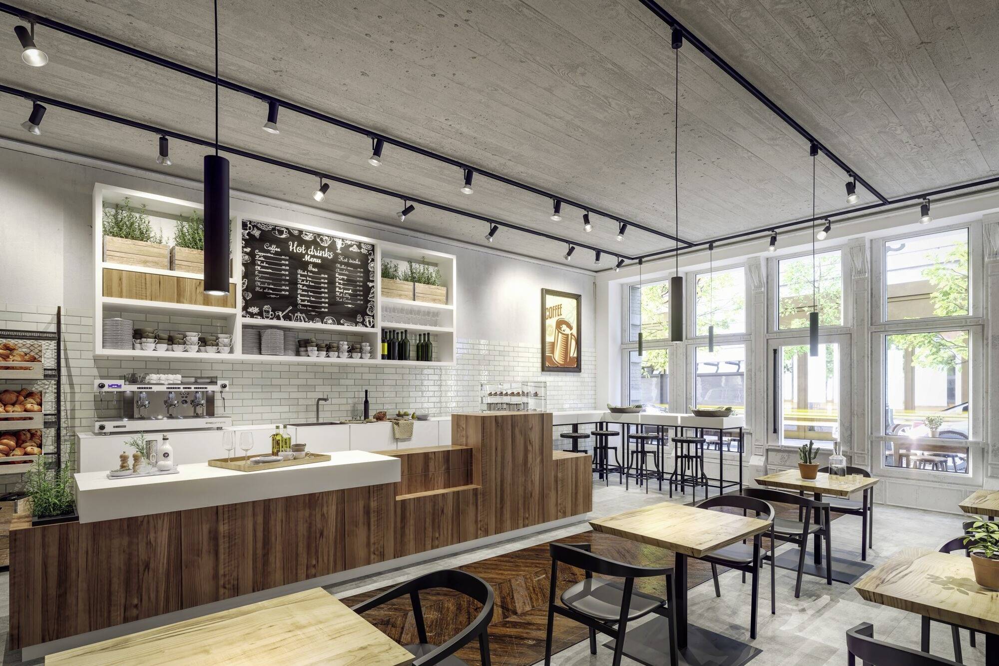 Et moderne café med træ- og hvide nuancer, borde og stole. På væggen et menubræt, ved siden af planter. Store vinduer lukker lyset ind.