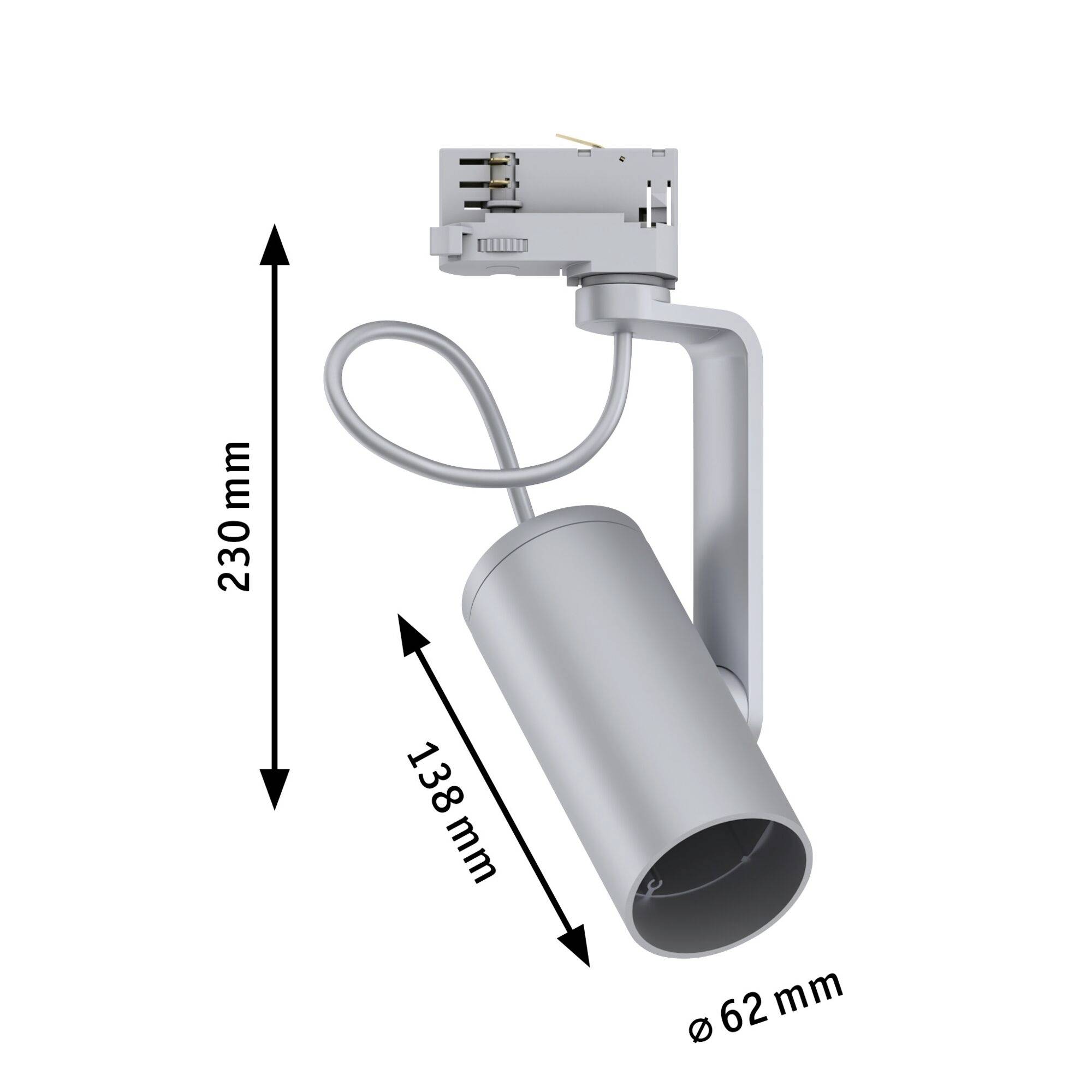 Sølvfarvet cylinderformet lampe med kabel, mål: Længde 230 mm, kabelhusets længde 138 mm, diameter 62 mm.