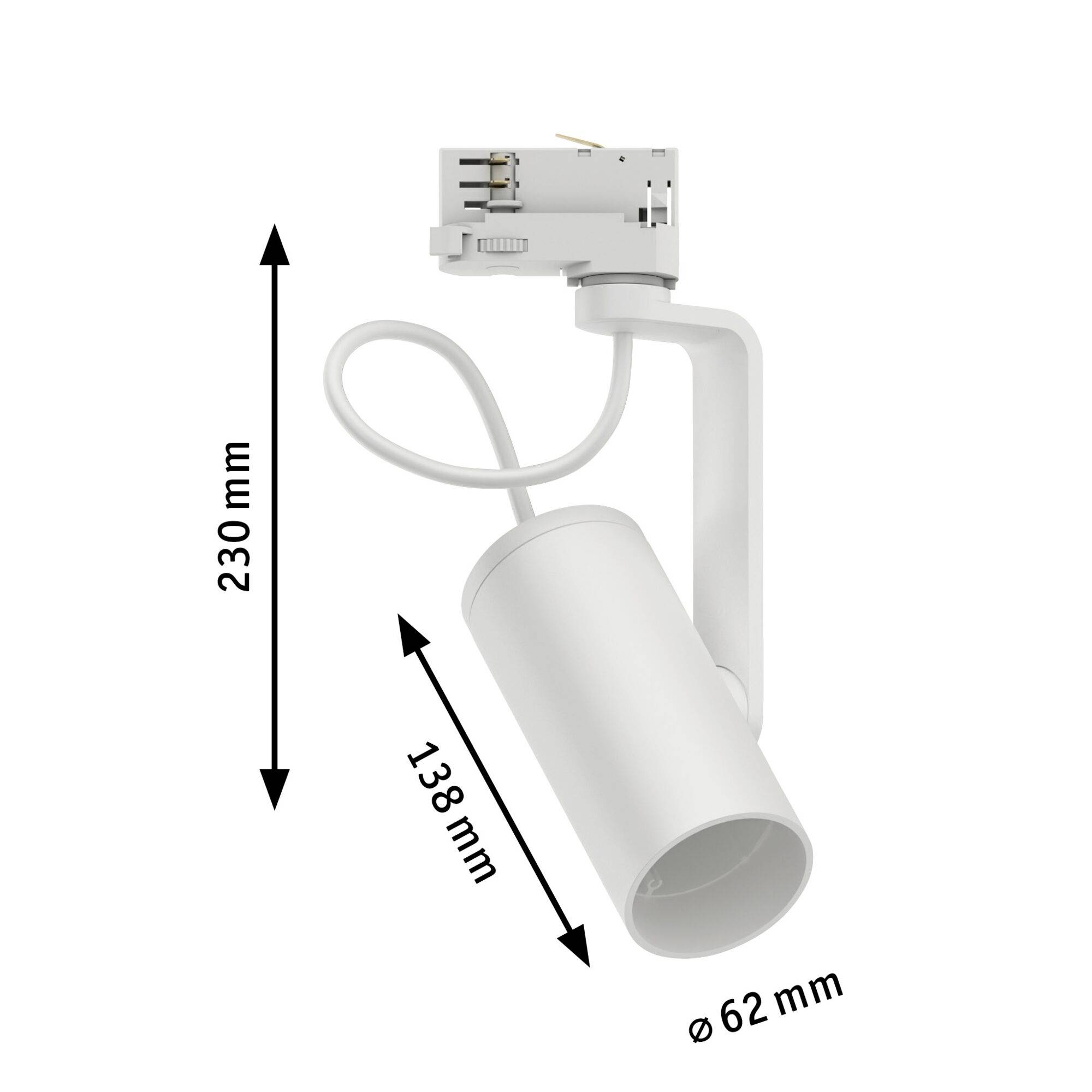 Hvid lysbjælke med mål: Længde 230 mm, bredde 62 mm, hængt oppefra. Lav spænding, rund lampe, moderne udseende.