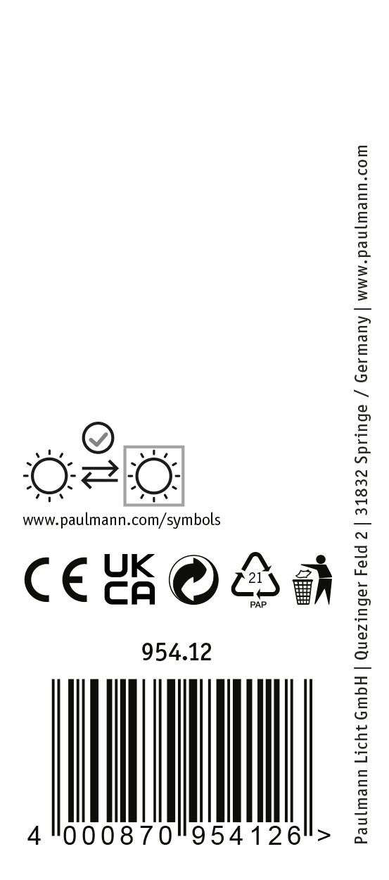 'Paulmann Licht GmbH, Quarzringe Feld 2, 31832 Springe, Tyskland' øverst. Symboler for CE, UKCA, P21, Genbrug. Stregkode nederst.