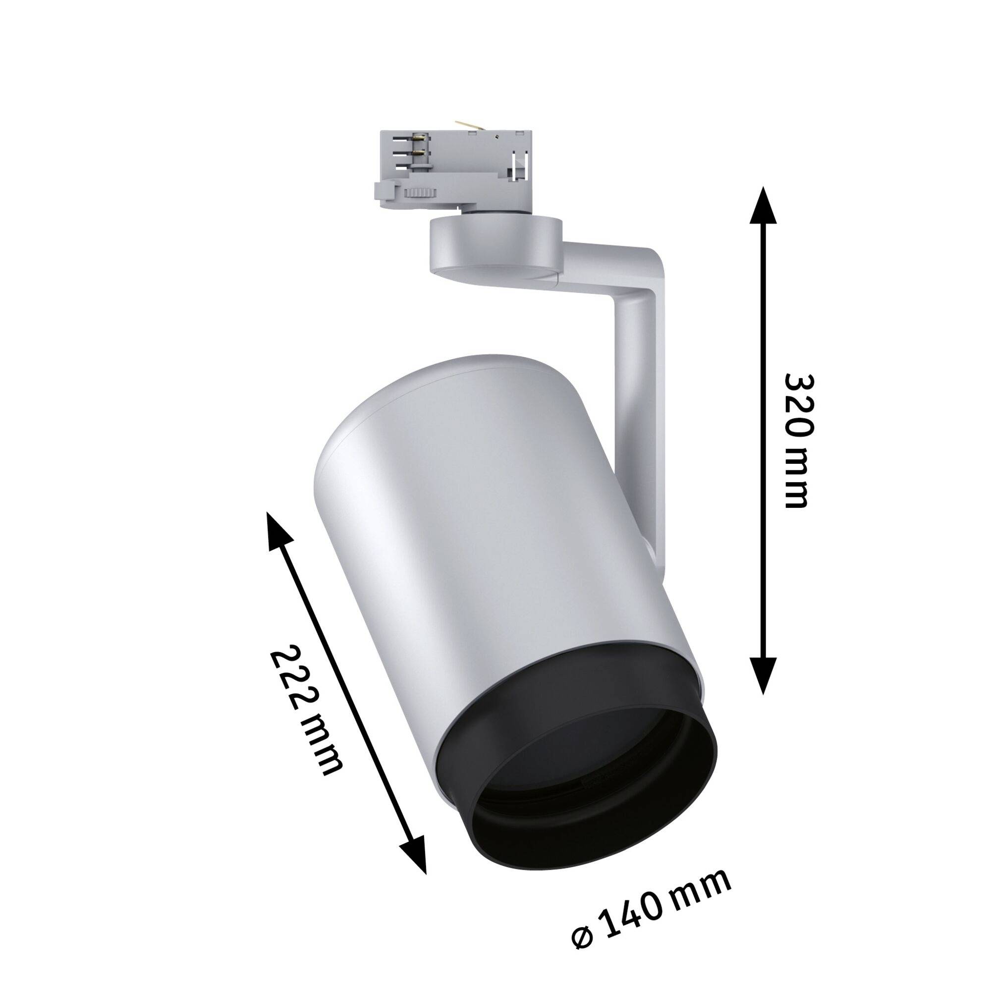 Sølvfarvet projektør med følgende mål: 320 mm højde, 222 mm længde, diameter 140 mm. Illustrationen viser vinkler og fastgørelsesmekanisme.