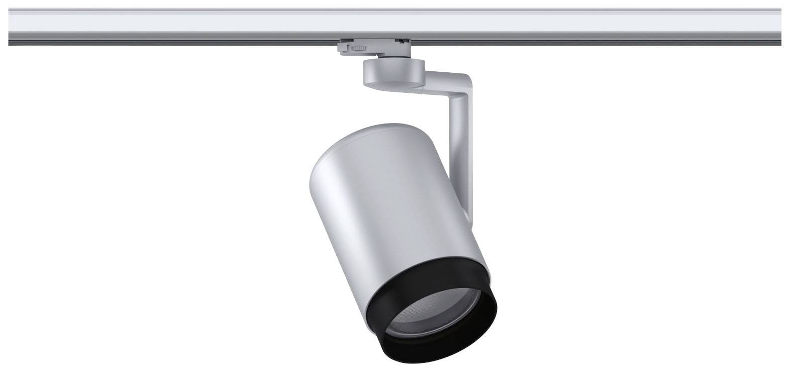 Sølv LED-spotlampe monteret på en skinne, vinklet nedad. Ideel til præcis belysning af udstillingsgenstande.