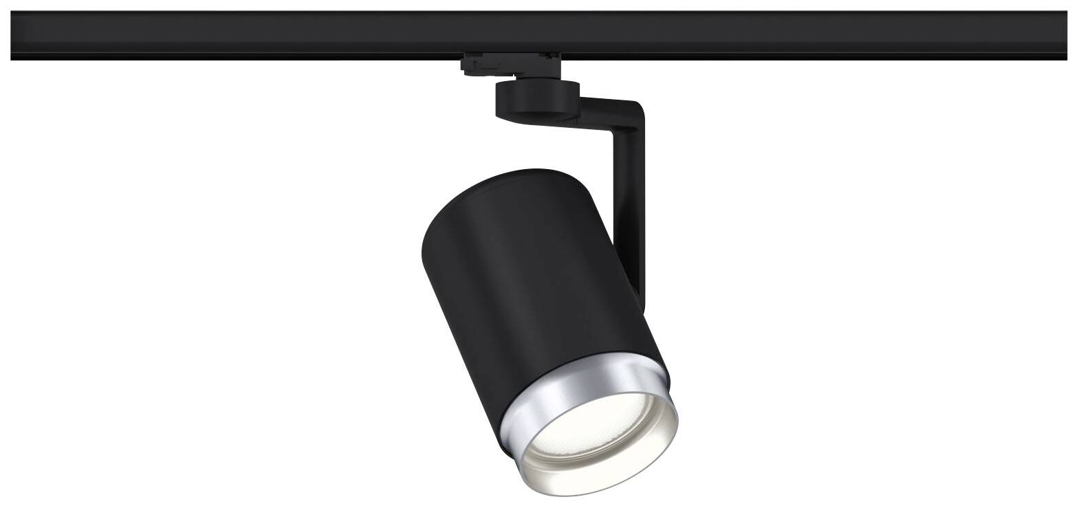 En sort loftsspot med cylindrisk kabinet og sølvfarvet kant er monteret på en skinne.