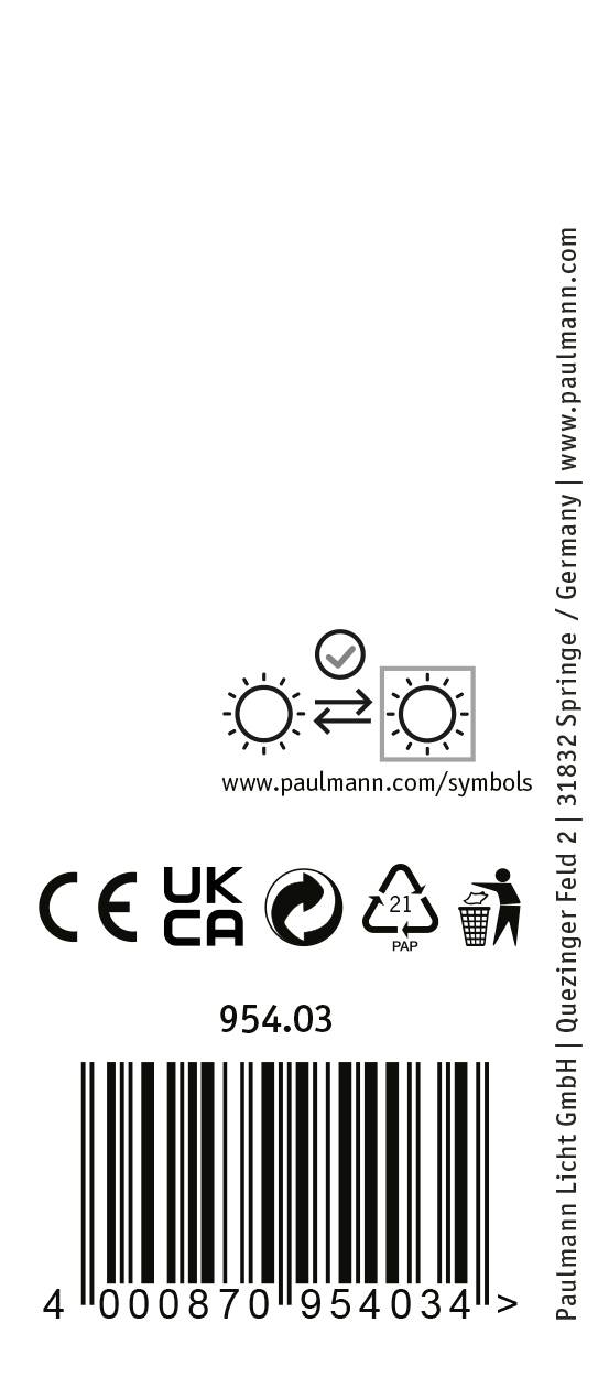 Stregkode og symboler for genbrugsbeskyttelse, CE-mærkning og energiklasse på et produktmærkat fra Paulmann Licht GmbH.
