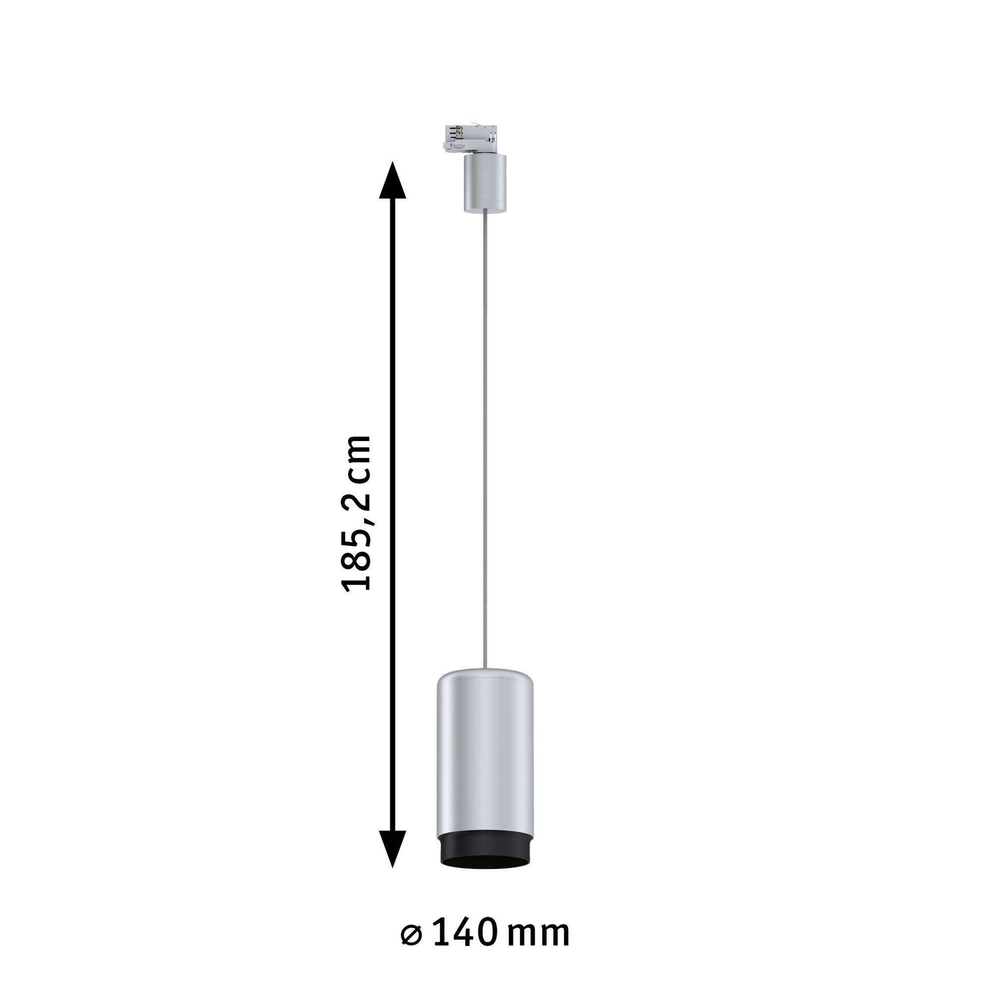 En sølvfarvet cylinderformet pendel med en diameter på 140 mm, hængende i et kabel med en længde på 185,2 cm.