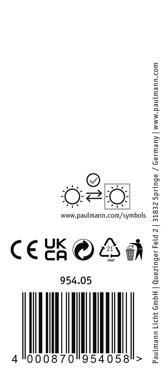 'Paulmann Licht GmbH' produktetiket med stregkode, CE- og UKCA-mærke. Symboler for elektrisk sikkerhed og genbrug.