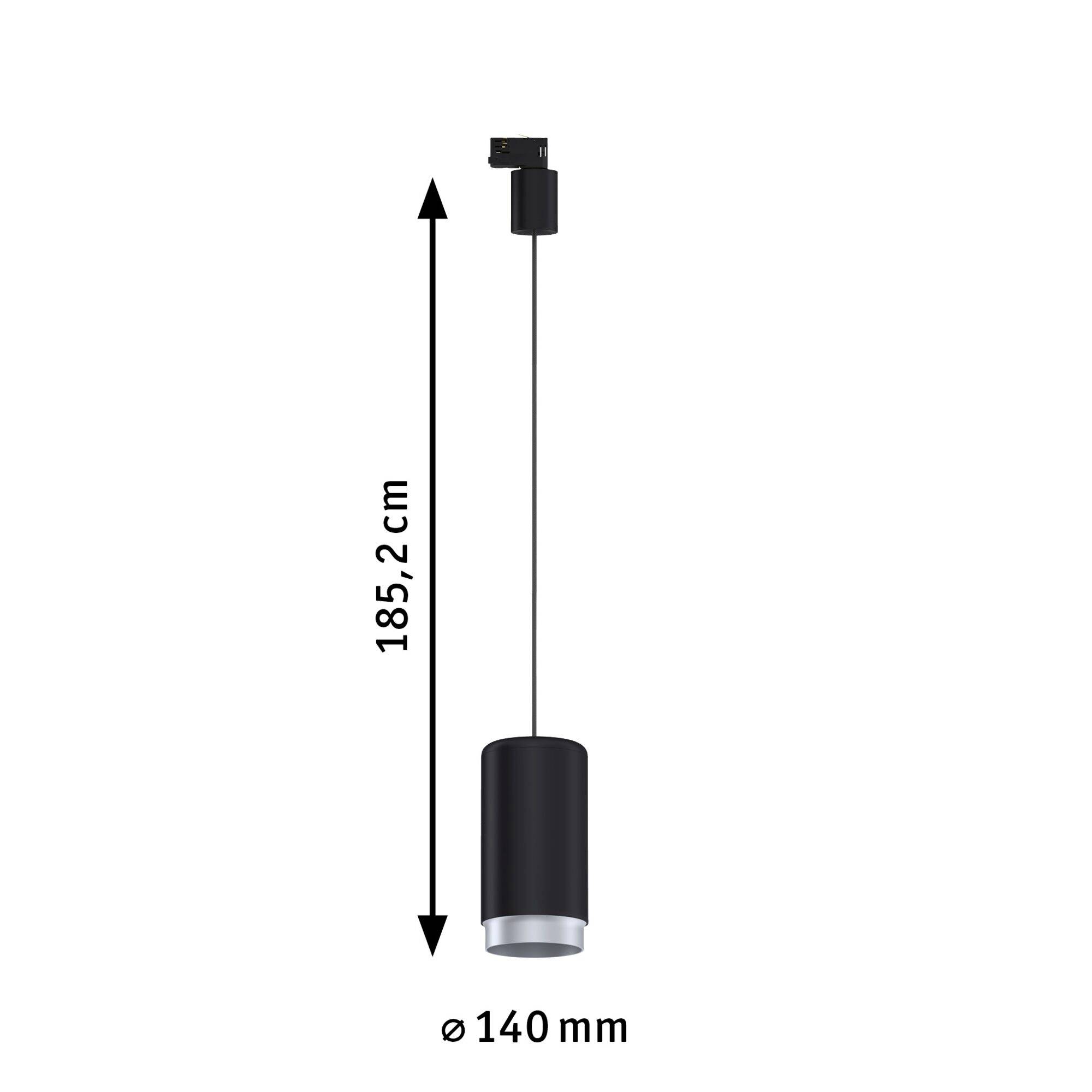 En sort, cylindrisk pendel med en diameter på 140 mm og en højde på 185,2 cm.