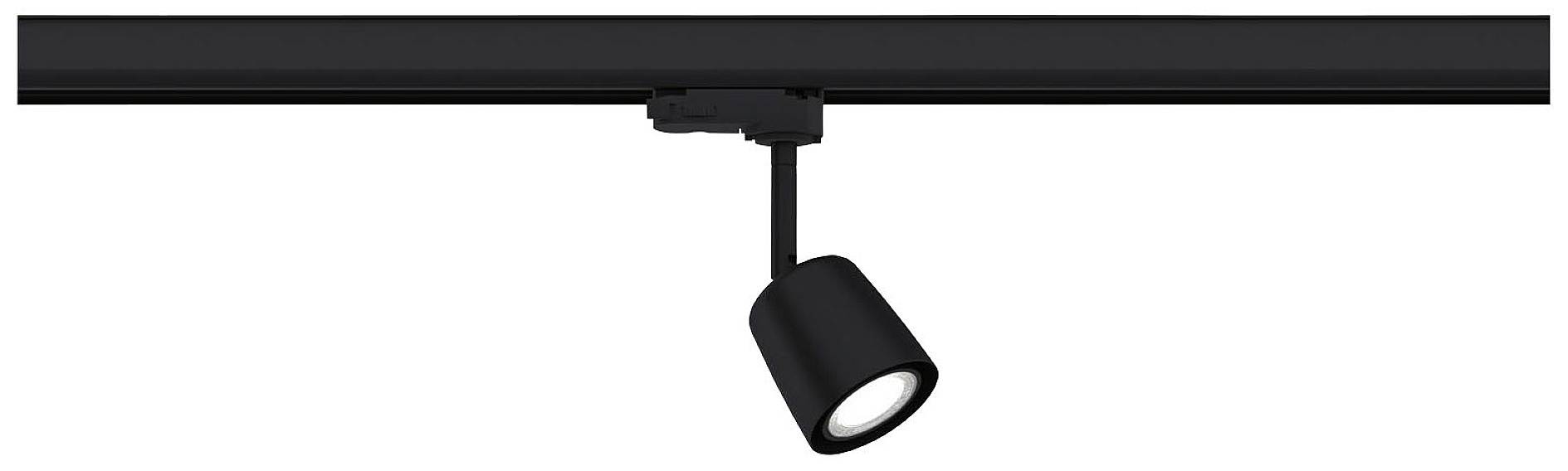 Et sort skinnesystem med en justerbar spotlignende lampe, der er rettet nedad.