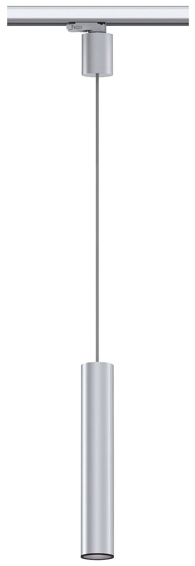 Sølv LED-pendel med slankt, cylindrisk design, ophængt på en skinne, perfekt til moderne interiører.