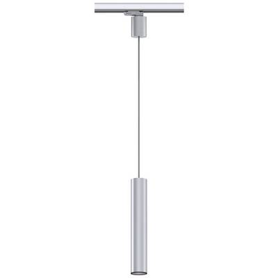Sølv LED-pendel med slankt, cylindrisk design, ophængt på en skinne, perfekt til moderne interiører.