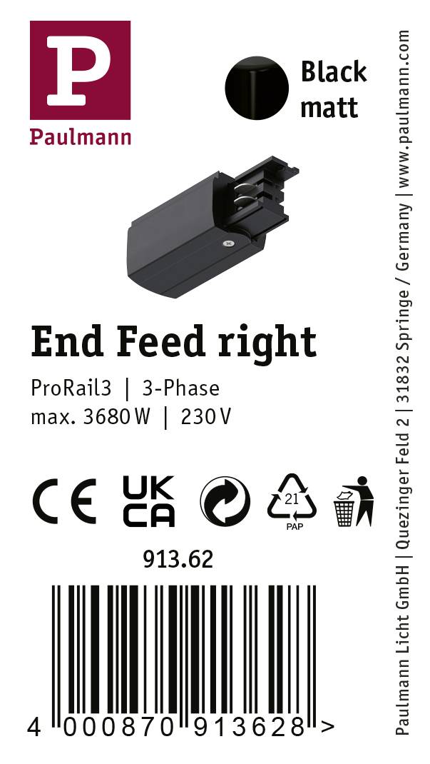 En sort, mat slutmodel til ProRail3, 3-faset, maks. 3680 W, 230 V. CE- og UKCA-certifikater, fremstillet af Paulmann.