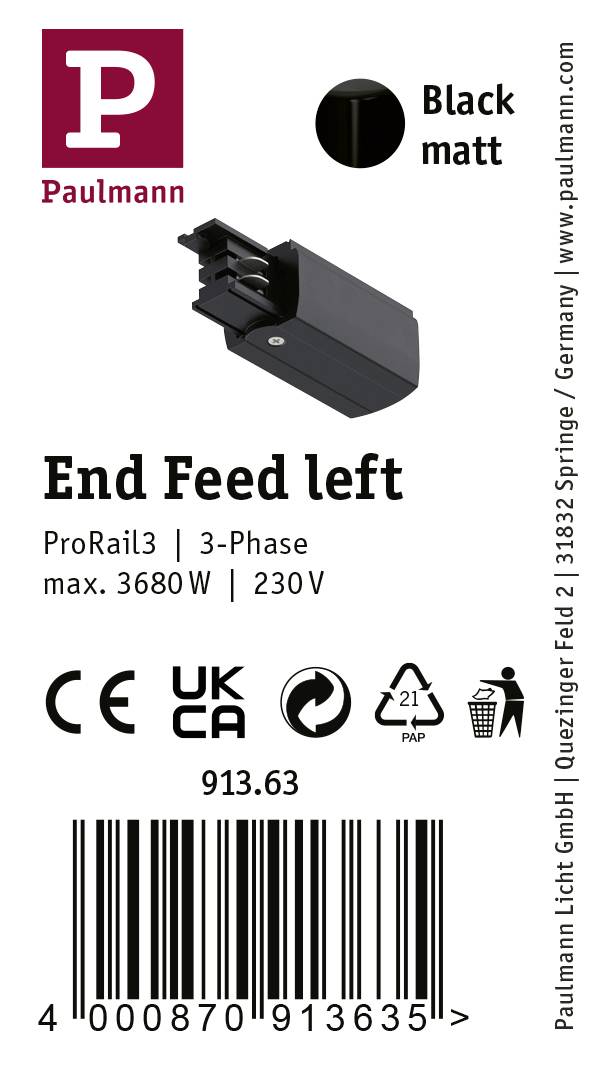 Paulmann End Feed venstre i sort mat finish, til ProRail3, 3-faset system, maksimal effekt: 3680W, 230V, EAN: 4000870913637.