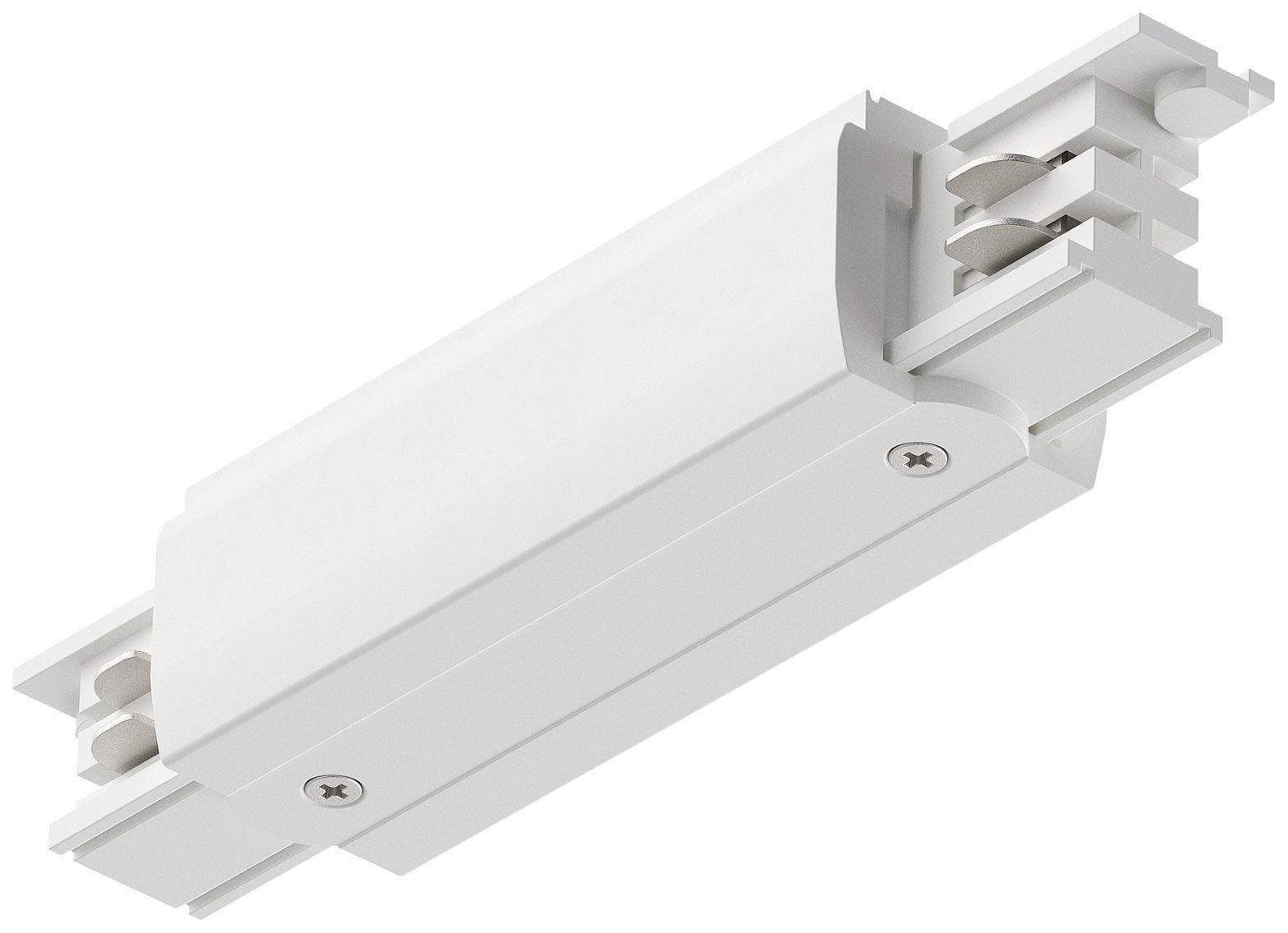 En hvid elektronisk adapter til et belysningssystem, rektangulær med skruer i enderne.