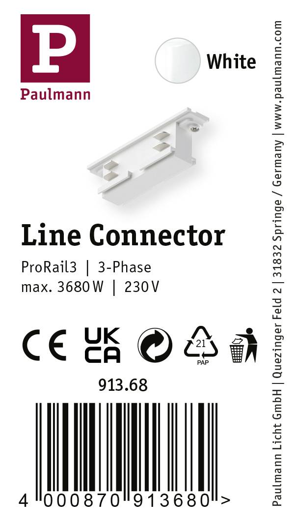 Hvid stikforbindelse til 3-faset skinne, Paulmann ProRail3, 3680W, 230V, med certifikater og produktlogo.