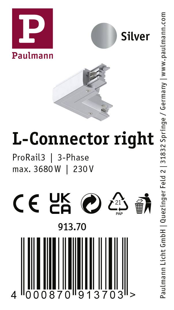 L-formet forbinder højre, 3-faset, maks. 3680W, 230V. Producent: Paulmann. Sølv, produktnummer: 913.70. CE- og UKCA-certificering.