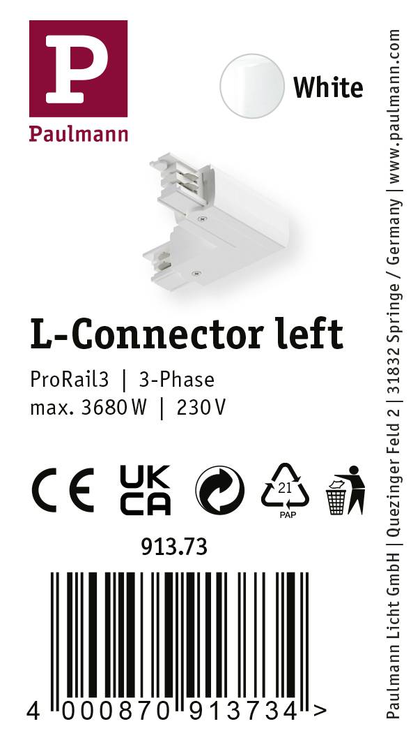 L-forbinder venstre til ProRail3, 3-faset system, maks. 3680W, 230V. Hvid, mærke Paulmann. CE og UKCA certificeret.