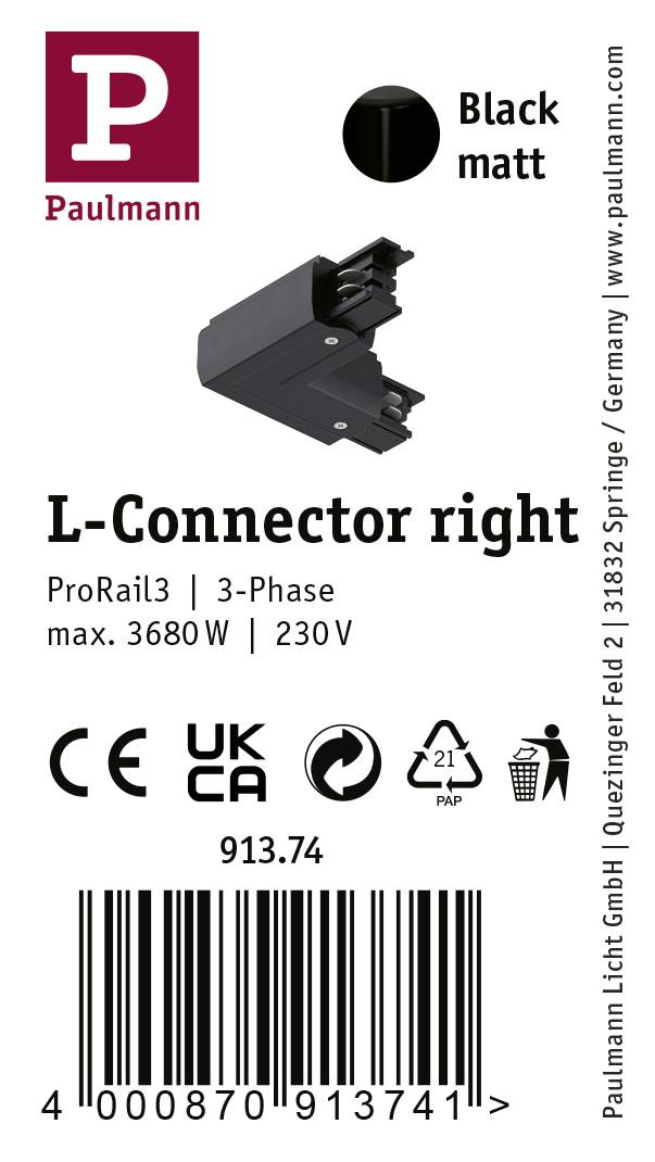 L-konnektor fra Paulmann i mat sort til ProRail3. Egnet til 3-faset skinne, maks. 3680W, 230V. Inkluderer stregkode og sikkerhedsmærke.