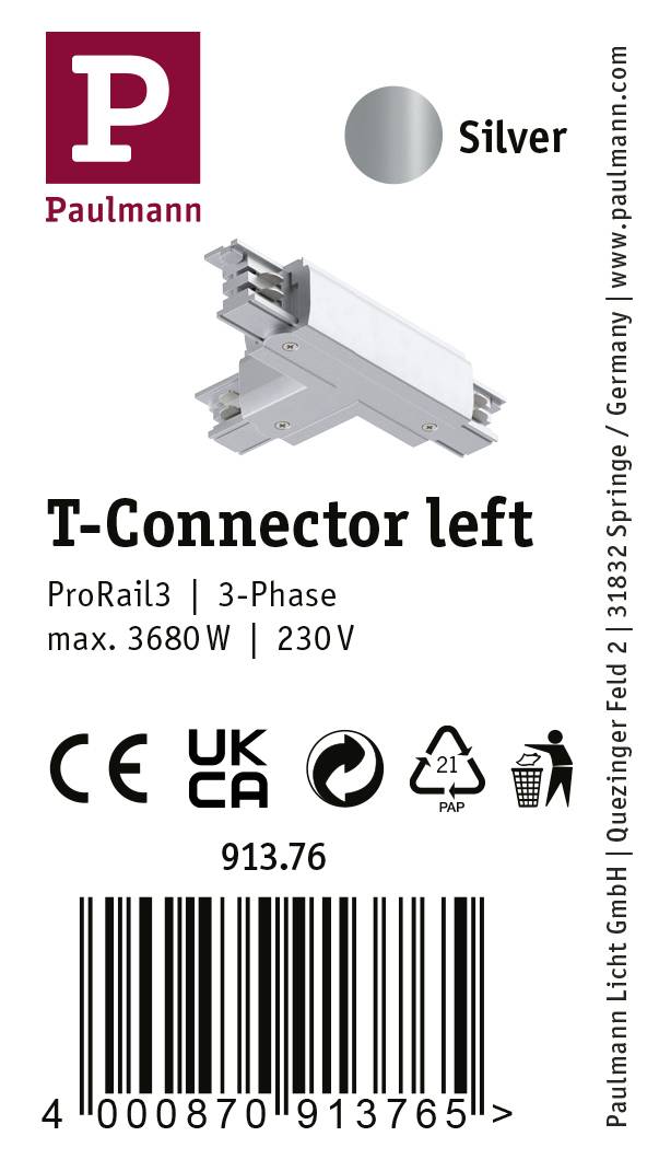 'Paulmann ProRail3 T-Stik venstre, 3-faset, maks. 3680W, 230V. Farve: Sølv.'