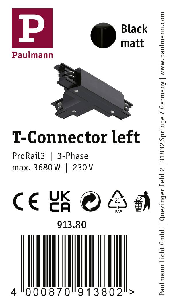 T-forbinder venstre, sort mat, ProRail3 3-faset, maks. 3680V, 230V, Artikelnummer 913.80