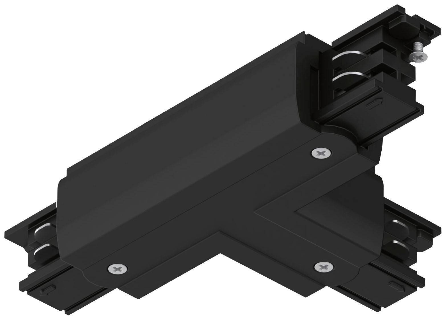 Sort elektroteknisk forbindelseskomponent i X-form med fire tilslutningspunkter og synlige skruer til montering.