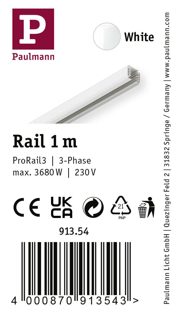 'Paulmann ProRail3 1 m skinne, 3-faset, maks. 3680W, 230V, hvid' med produktoplysninger, stregkoder og producentdetaljer.