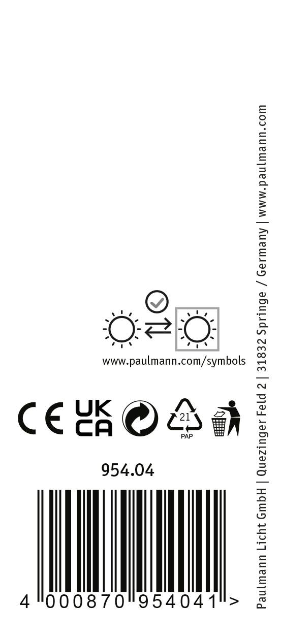'Etiket for et produkt med symboler, stregkode og hjemmeside-URL. Producent: Paulmann Licht GmbH, Springe, Tyskland.'