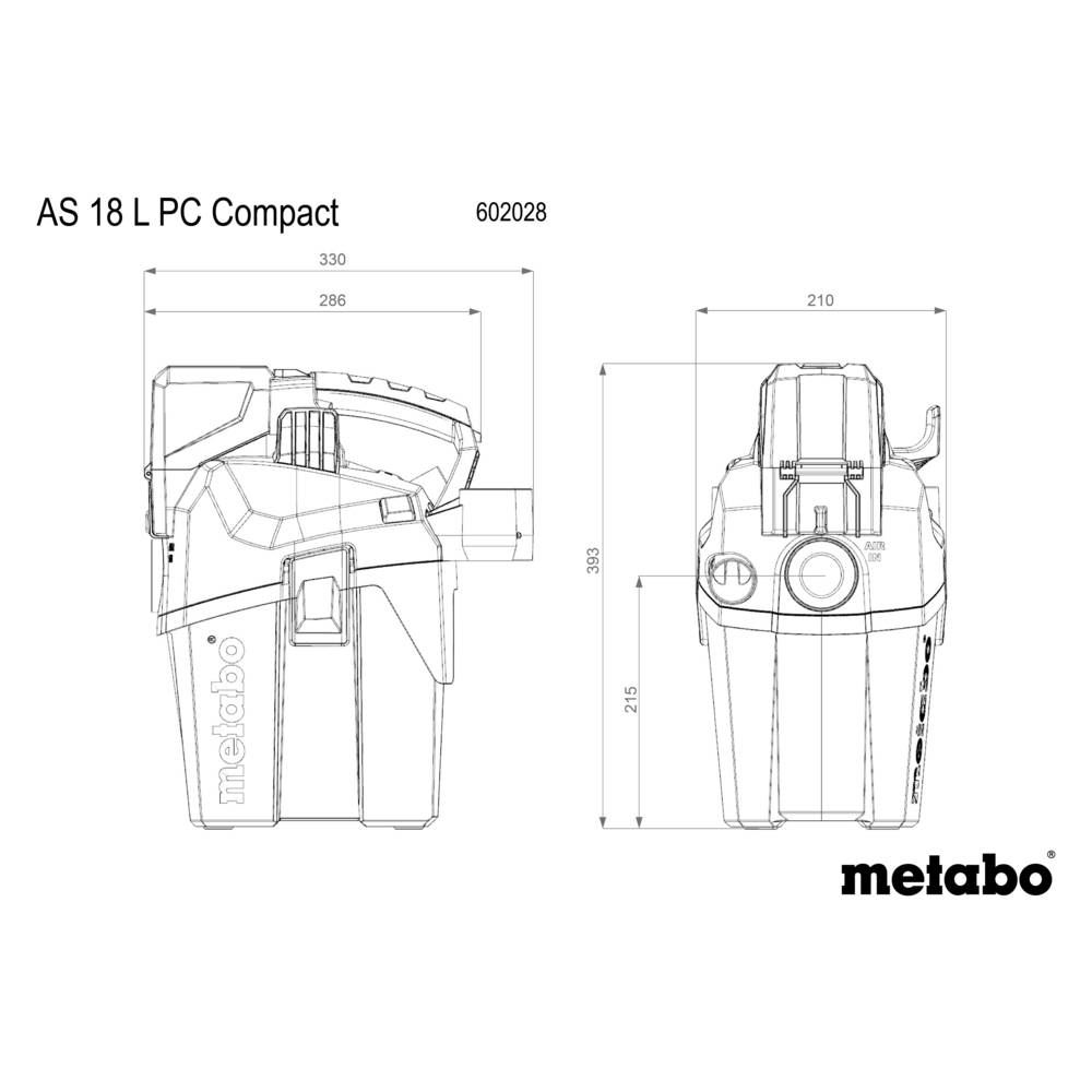 Skitsetegning af en bærbar Metabo støvsuger, model AS 18 L PC Compact, med mål i millimeter: Højde 359, Bredde 330, Dybde 286.
