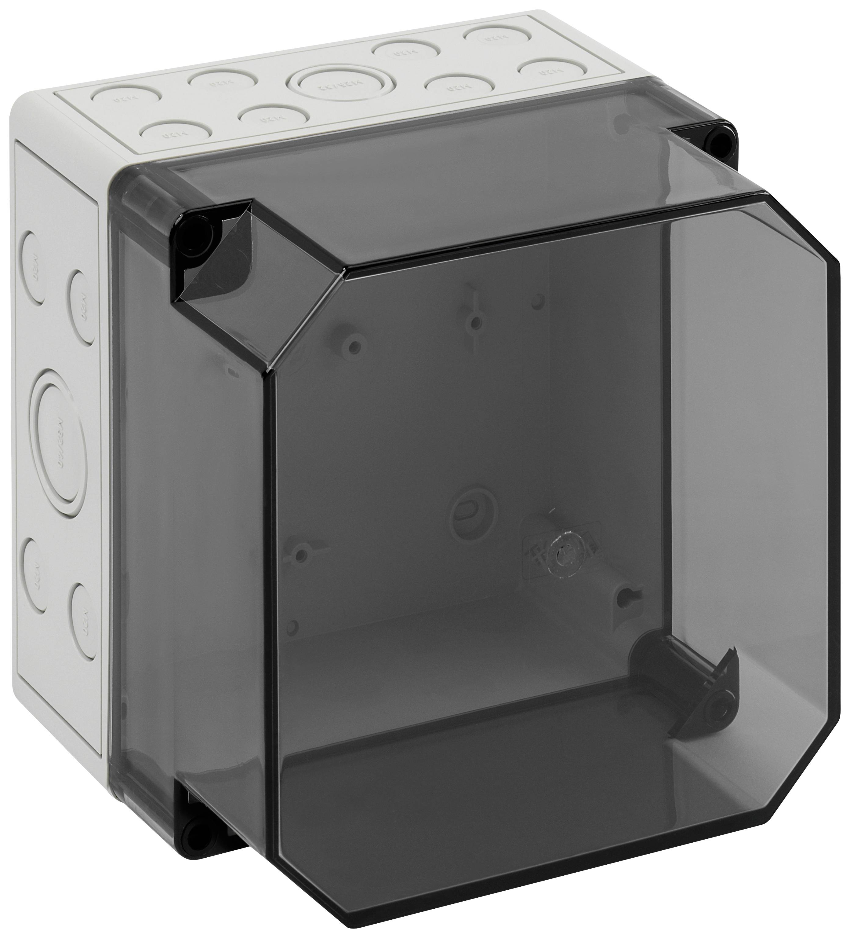 En transparent, sort kabelstikboks med et aftagelig låg, vist i en diagonal vinkel. Den har flere runde åbninger.