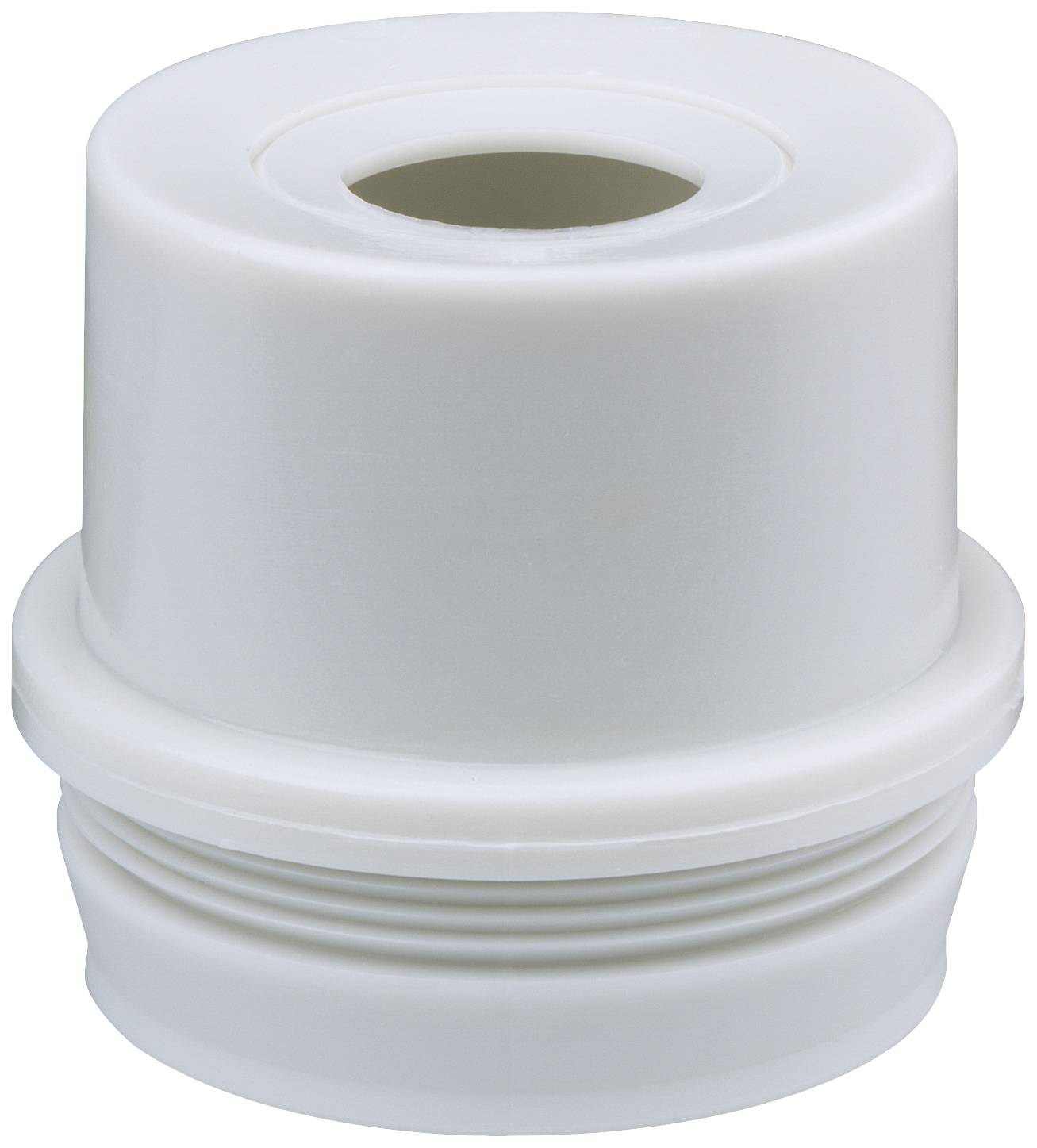 Hvid plastikdel med gevind, cylinderformet, skruelåg øverst.
