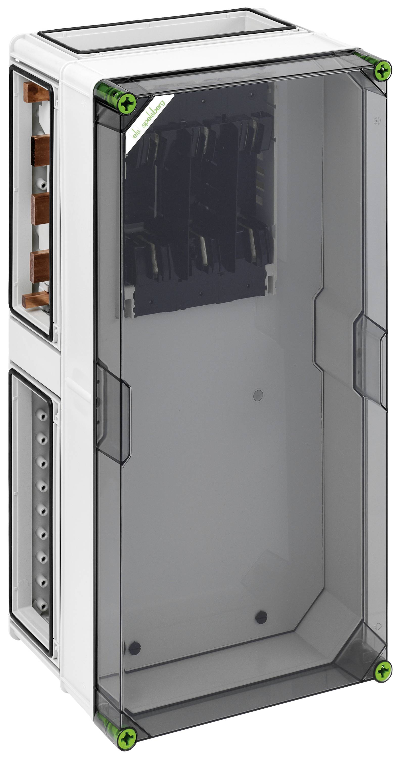 Et tomt, gennemsigtigt elektrisk tavlepanel med flere pladser til kontakter eller sikringer, tydeligt synligt.