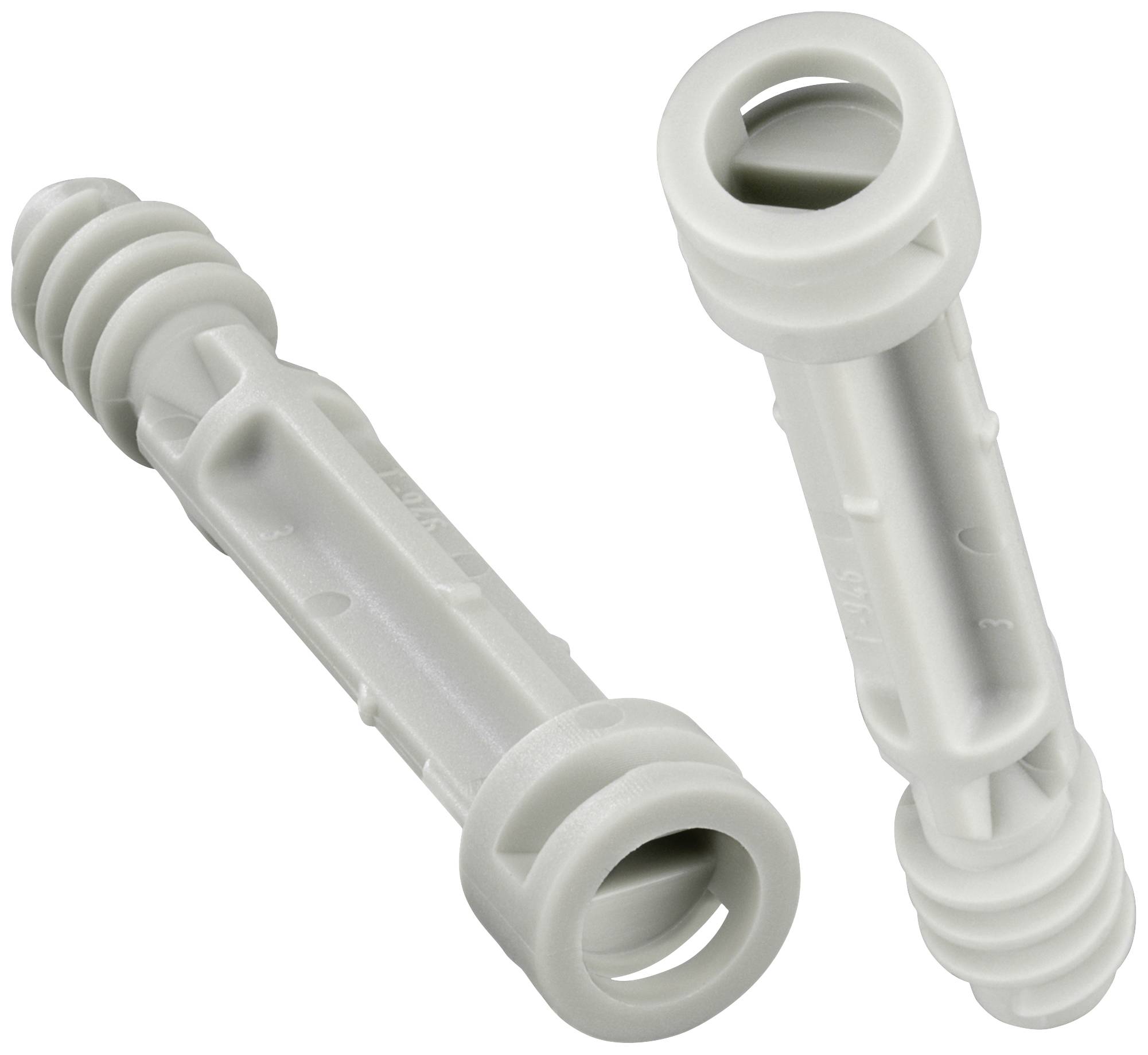To vide plastikdybel med spiralmønster og hulrum, som bruges til sikker fastgørelse i byggematerialer.