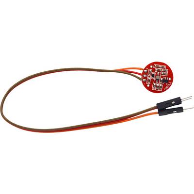 Rundt elektronikmodul med flere loddet komponenter og to udtagne kabler med stikforbindelser.