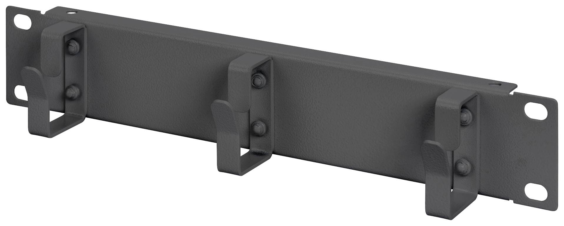 Et sort kabelstyrings-patchpanel med tre kabelholderbeslag til organisering og styring af kabler i et netværksrack.