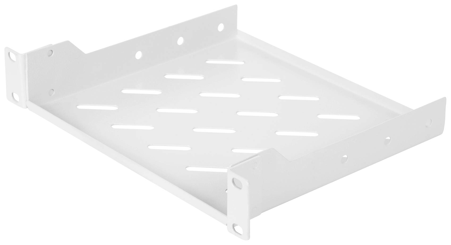 Metalreol i hvid farve med ventilationshuller, egnet til vægmontering eller som enhedsholder.